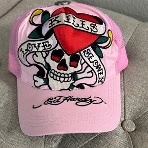 Ed Hardy Pink Hat with Skull and Heart Design